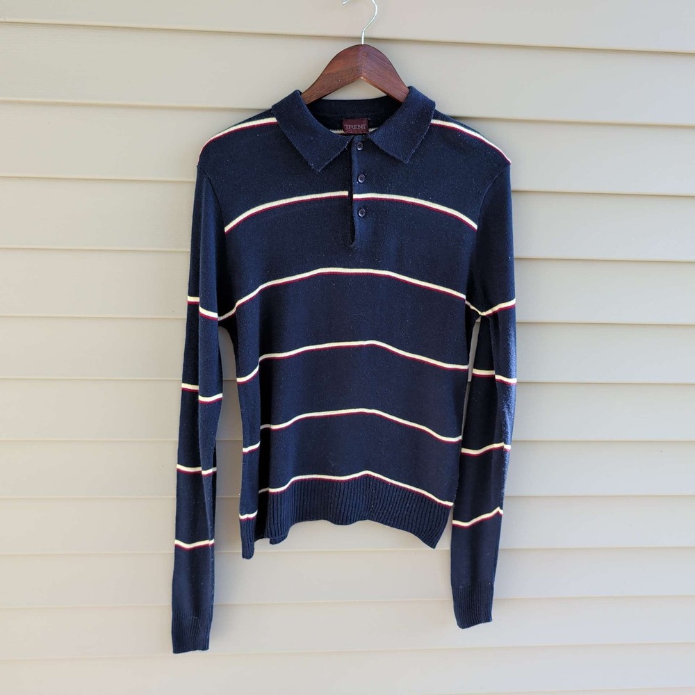 Trent Knit Polo Sweater Mens Medium Navy Blue Striped Vintage Long Sleeve Korea